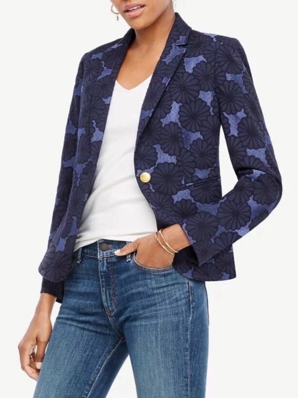 Ann Taylor The Newbury Blazer Navy Floral Jacquard Gold Button Jacket Sz 4